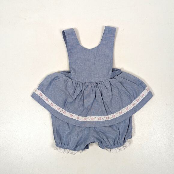 Vintage Bubble Outfit Baby Girls Size 3-6m Chambray Blue Flower Skirt Romper - Picture 4 of 5